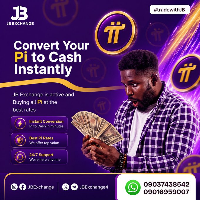 Purple promotional advertisement for JB Exchange featuring a man excitedly holding cash, advertising 'Convert Your Pi to Cash Instantly' with contact number 09037438542 / 09016959007.