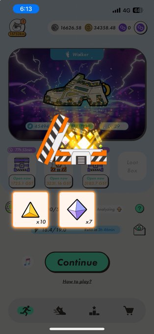A mobile game screen showing a 'Walker' boot item, building/construction icons with 'Open now' buttons, currency values at the top, and a green 'Continue' button.