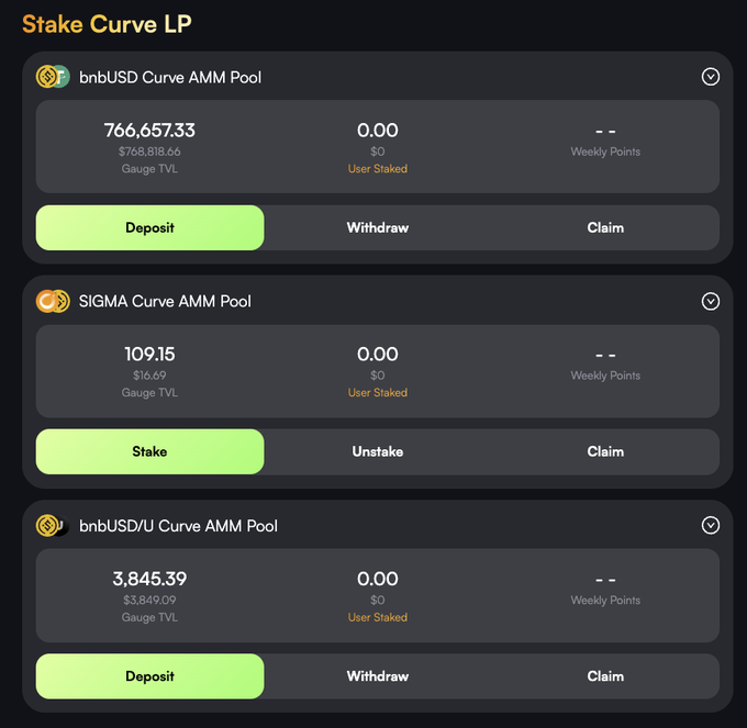 A 'Stake Curve LP' interface showing three liquidity pools: bnbUSD Curve AMM Pool (766,657.33 TVL), SIGMA Curve AMM Pool (109.15 TVL), and bnbUSD/U Curve AMM Pool (3,845.39 TVL), each with Deposit/Withdraw/Claim or Stake/Unstake/Claim options.