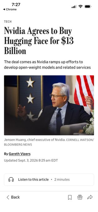 A mobile screenshot of a news article titled "Nvidia Agrees to Buy Hugging Face for $13 Billion," featuring a photo of Nvidia CEO Jensen Huang, with the subheading noting the deal supports Nvidia's push to develop open-weight models and services—directly reinforcing the post's claim that the acquisition is a major endorsement for open-weight AI, suggesting bullish implications for decentralized AI networks like Bittensor ($TAO) alongside Nvidia ($NVDA).