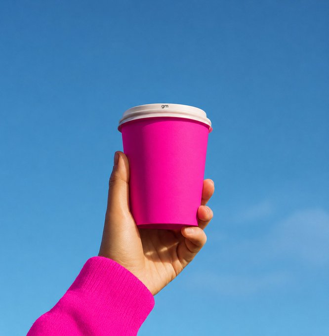 A hand in a pink sweater holds up a bright pink coffee cup with a white lid against a clear blue sky, ready to be enjoyed with the cup displaying the word "gm" on the lid for a cheerful morning start.