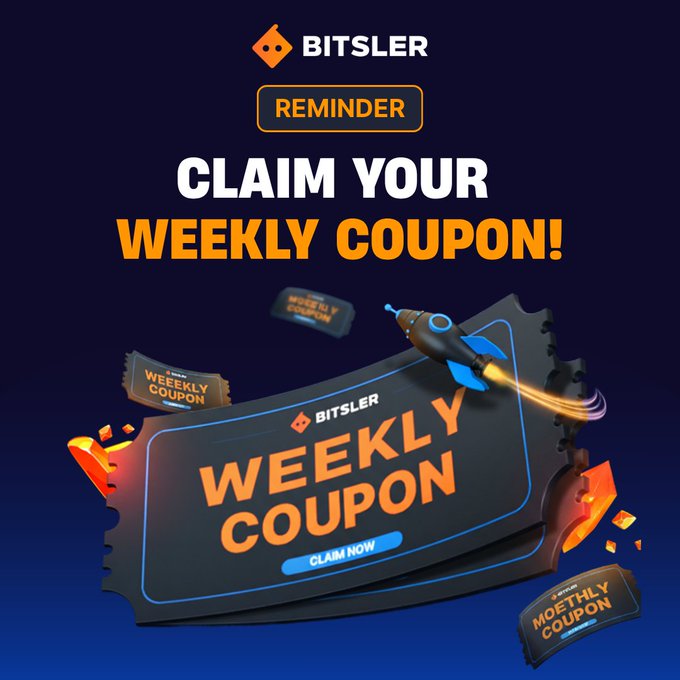 A Bitsler promotional graphic advertising a weekly coupon with a 'CLAIM NOW' button and a rocket illustration.