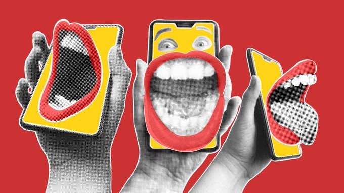 A pop-art style graphic showing hands holding smartphones displaying distorted yellow emoji faces with exaggerated red lips and tongues against a red background.