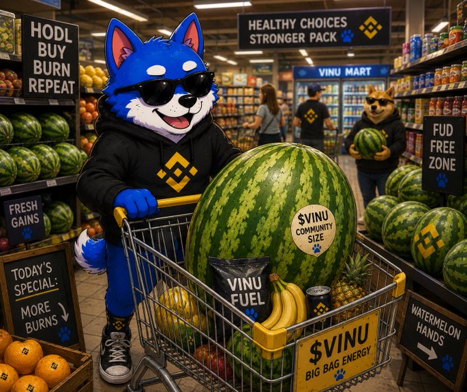A meme-style image set in a supermarket featuring a person in a Binance (BNB) Shiba dog mascot costume pushing a cart filled with a giant watermelon labeled '$VINU BIG BAG ENERGY', with signs reading 'HODL BUY BURN REPEAT' and 'HEALTHY CHOICES STRONGER PACK'.