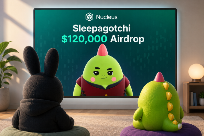 A cozy room scene with plush toys watching TV, displaying a 'Nucleus Sleepagotchi $120,000 Airdrop' promotion on screen.