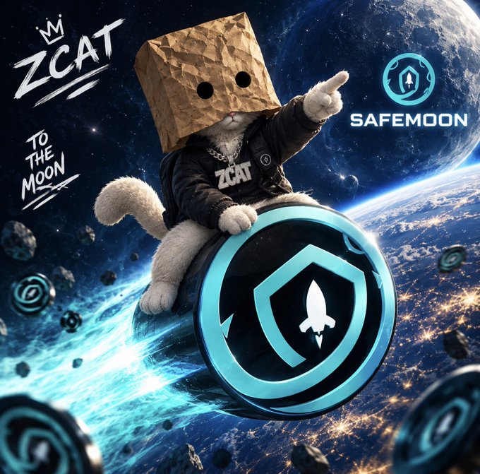 A digital artwork titled "ZCAT TO THE MOON" features a white cat wearing a paper bag mask and a "ZCAT" hoodie, riding a rocket-powered SafeMoon coin through space, pointing forward—visually promoting Zcat's $ZCAT token with the bold claim "17B is literally the goal."