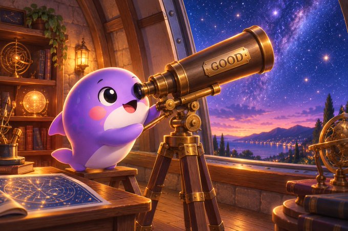 An illustrated purple cartoon creature peers through a brass telescope labeled "GOOD" in a room overlooking a starry night sky.