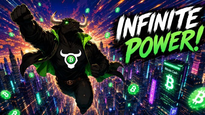 A vibrant, comic-style image of a muscular bull in a green jacket flying over a neon-lit city, with the Bitcoin 'B' logo on its chest and the text 'INFINITE POWER!', surrounded by floating Bitcoin symbols and 'Bitcoin Cash' signs.