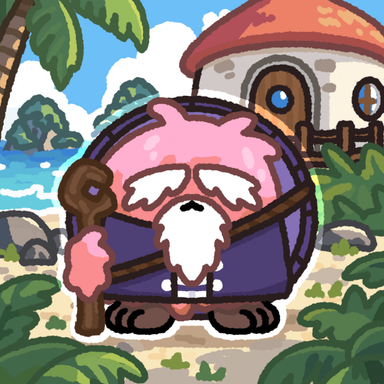 A cartoon illustration of a pink, old wizard character with a long white beard and staff standing outside a mushroom-shaped house on a tropical beach.