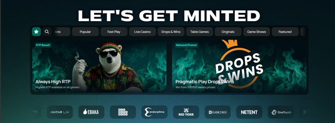 The image displays a promotional banner for PlayOnMint, featuring the headline "LET'S GET MINTED" alongside a navigation menu with categories like Slots, Popular, Fast Play, Live Casino, Drops & Wins, and Table Games, plus featured game tiles promoting "Always High RTP" (RTP Boost!) and "Pragmatic Play Drops & Wins." Below are logos of gaming providers including Avatar UX, Evoplay, Endorphina, Red Tiger, GameArt, NetEnt, and OneTouch, visually supporting the post's mention of the platform's diverse entertainment ecosystem spanning casino games and rewards.