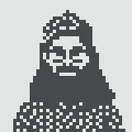 A small pixelated grayscale image of a person wearing glasses and a hooded or textured top.