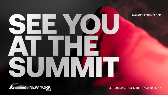 A bold promotional graphic for "Avalanche Summit New York 2026" featuring dramatic red lighting against a dark background, with large white text reading "SEE YOU AT THE SUMMIT" alongside the event details "September 16th & 17th | New York, NY" and website "avalanchesummit.com," aligning with the post announcing the upcoming two-day Avalanche conference in Chelsea.