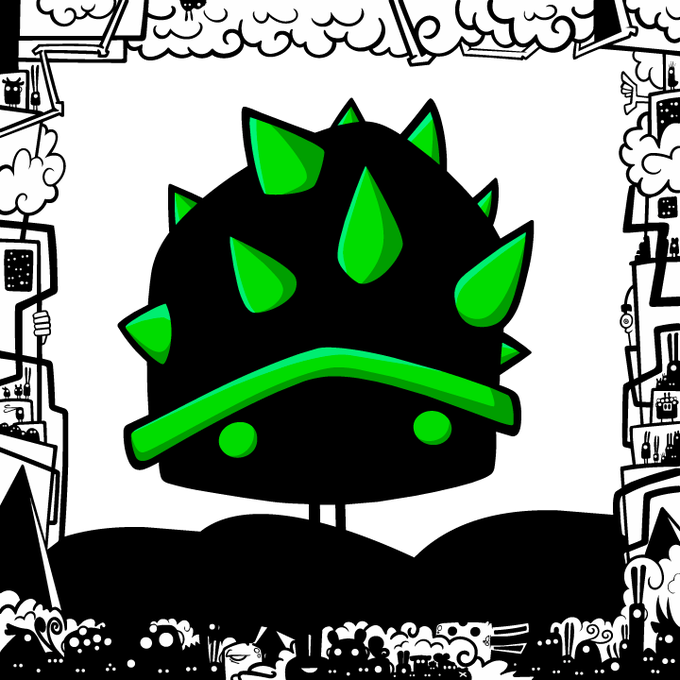A stylized black and green illustration of a spiky character with a helmet covered in green-tipped spikes, set against a black and white doodle-style cityscape background.