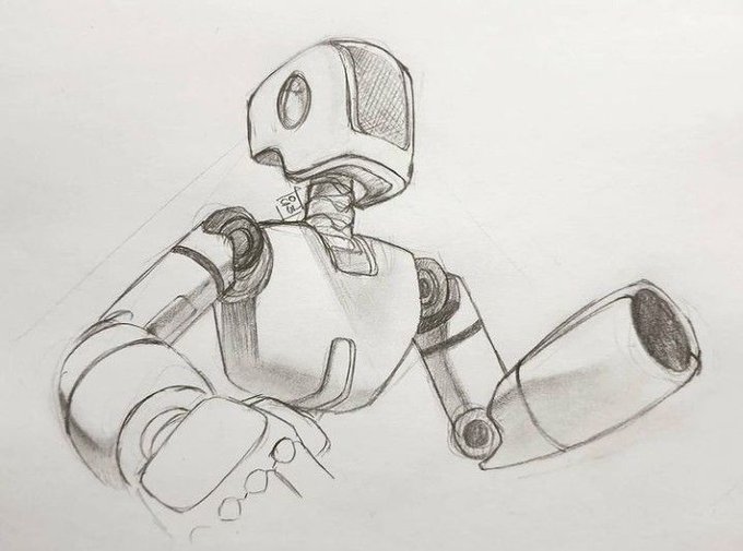 A pencil sketch depicts a humanoid robot holding what appears to be a glass or vessel, rendered with detailed shading and mechanical joints. The drawing visually echoes the post's theme of robotic data and AI training, serving as a thematic illustration for Axis Robotics' claim about amassing millions of robot training trajectories from a global contributor base.