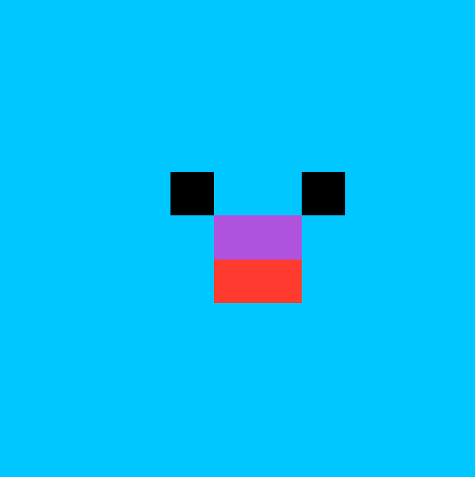 A simple geometric composition on a cyan background features two black squares, a purple rectangle, and a red rectangle arranged to resemble a pixelated face or gift, commemorating Ethereum's birthday as a mini tribute.