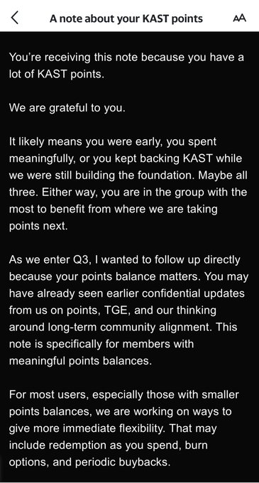A dark-themed text note titled 'A note about your KAST points' addressed to users with high points balances, discussing flexibility options like redemption, burn, and buybacks.
