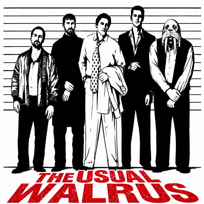 A black and white police lineup-style illustration of five men, including one wearing a walrus mask, with red text reading 'THE USUAL WALRUS' at the bottom.