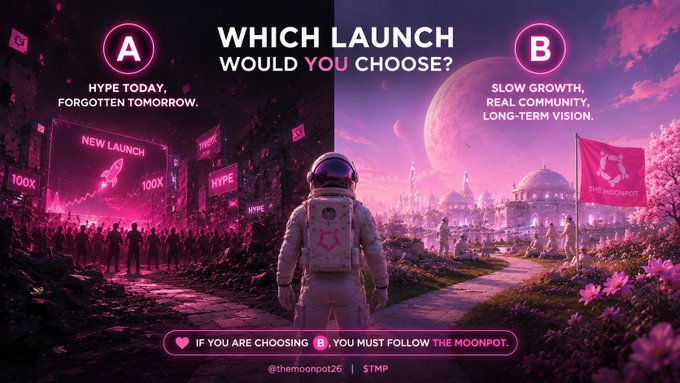 A split-screen promotional graphic asks 'WHICH LAUNCH WOULD YOU CHOOSE?' comparing Option A ('Hype today, forgotten tomorrow') in a neon city with Option B ('Slow growth, real community, long-term vision') on a serene moonlit landscape, branded with @themoonpot26 and $TMP.