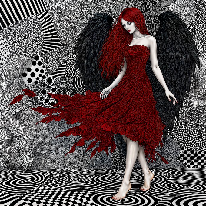 The image features an illustration of a woman with red hair wearing a red dress that has a flowy skirt, standing on a black and white floor. The background consists of various patterns and designs, including flowers and dots. The caption reads "edition SOLD!! my dear moby! thank you very much! what a lovely surprise!".
