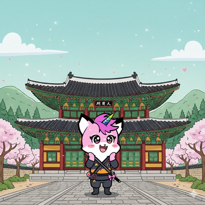 A cute pink cat-like cartoon character with a rainbow unicorn horn stands in front of a traditional Korean palace building with cherry blossom trees.