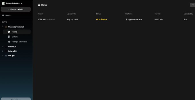 A web dashboard for 'Solana Robotics' displays a 'Chainfire Terminal' app entry with Version 2026.8.11, uploaded on Aug 13, 2026, showing an 'In Review' status.