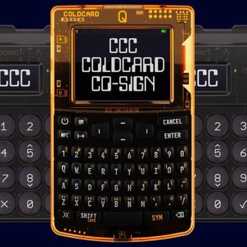 A photograph displays a physical COLDCARD Q hardware cryptocurrency wallet with a numeric keypad and screen showing the text 'CCC COLDCARD CO-SIGN'.