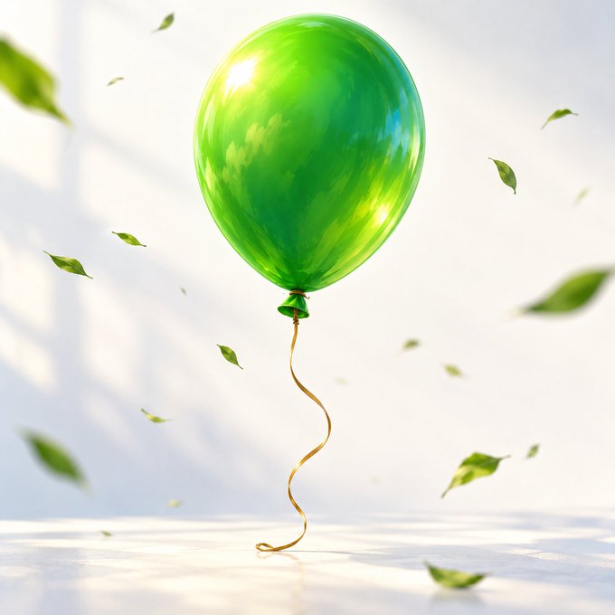 A vibrant green balloon floats gracefully amid scattered leaves, its curling ribbon trailing below—visually echoing the optimism of growth, patience, and upward momentum as the next polished iteration takes shape.