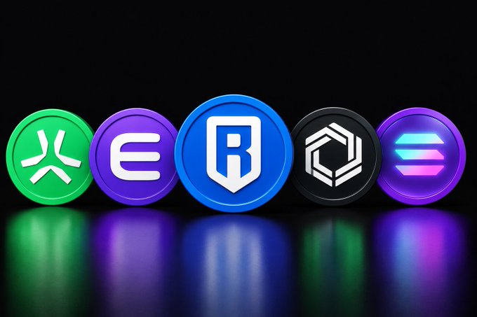 A 3D rendered image showing five cryptocurrency coin logos in green, purple, blue, black, and magenta colors against a black background.