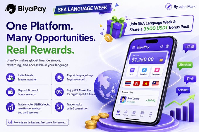 A promotional banner for BiyaPay's SEA Language Week event, featuring a smartphone displaying the app's interface with a 1,250.00 balance and a global greeting in multiple Asian languages (สวัสดี, Xin chào, 你好, Selamat). The ad highlights a $3,500 USDT bonus pool, 0% maker fees for crypto, zero-commission stock trading, and multi-language accessibility tools, directly supporting the post's message about breaking language barriers in global finance.