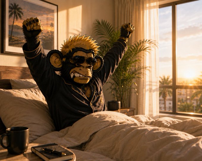 A photograph of a person in a monkey costume with sunglasses, stretching their arms in bed as if waking up in a sunlit bedroom.