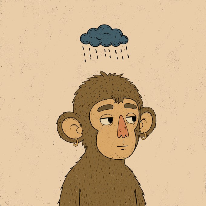 A simple cartoon drawing of a brown monkey with large ears and small gold hoop earrings, looking unamused with half-closed eyes, while a small dark blue raincloud rains directly above its head.