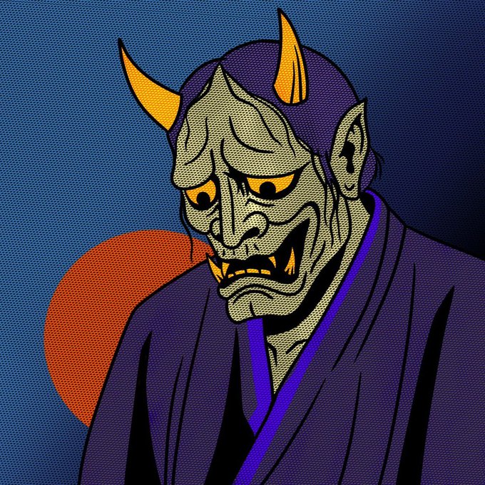 A stylized digital illustration depicts a menacing oni-like samurai figure with yellow horns, glowing yellow eyes, and a purple robe, rendered with bold linework against a textured blue background with an orange sun motif. The artwork visually represents the "hand drawn samurai" character referenced in the post for the early-stage crypto project @kredoosdotcom, emphasizing the creator's appreciation for the art style over the project's unannounced technical details.