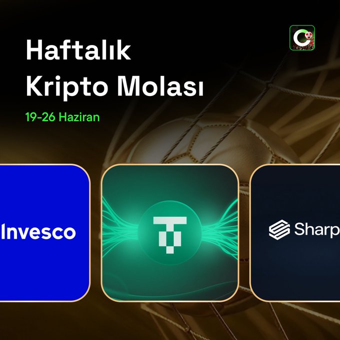 The image is a Turkish-language promotional graphic titled "Haftalık Kripto Molası" (Weekly Crypto Break) covering 19–26 Haziran (June 19-26), featuring logos for Invesco, Tether (USDT0), and SharpLink against a basketball backdrop, highlighting the week's key crypto developments.
