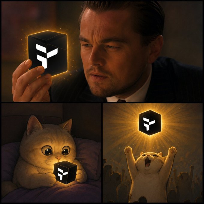 The image features a man holding up a black cube that contains a cat, surrounded by different scenes of cats interacting with the cube, including one looking at the cube. The series of images showcases the playful nature of cats when interacting with this mysterious object. While there is no specific text related to this post in the image itself, it could be interpreted as a digital art piece related to cryptocurrency or blockchain technology that explores the concept of distributed ledgers and decentralized systems for asset storage and transactions.