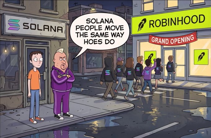 A cartoon street scene shows people migrating from a closed Solana storefront toward a brightly lit Robinhood "Grand Opening" with a larger crowd, while a Solana character mutters, "Solana people move the same way hoes do." The image visualizes the post's complaint about Solana users abandoning their chain for newer platforms with higher volume.