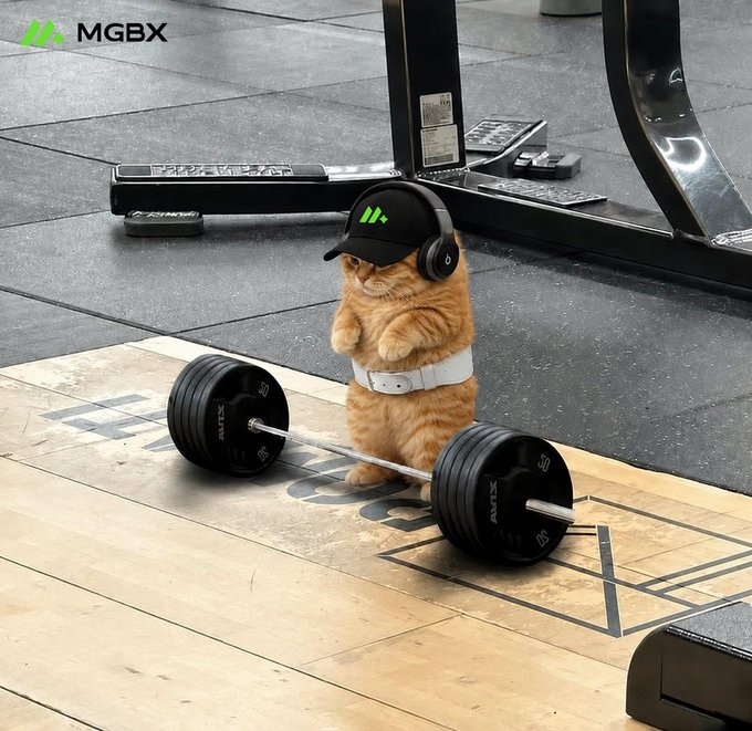 A small orange tabby cat stands on its hind legs in a gym setting, wearing a black cap and headphones while gripping a loaded barbell, with the "MGBX" logo visible in the corner and "10" markings on the weight plates—perfectly illustrating the post's caption about "a small body with great strength."