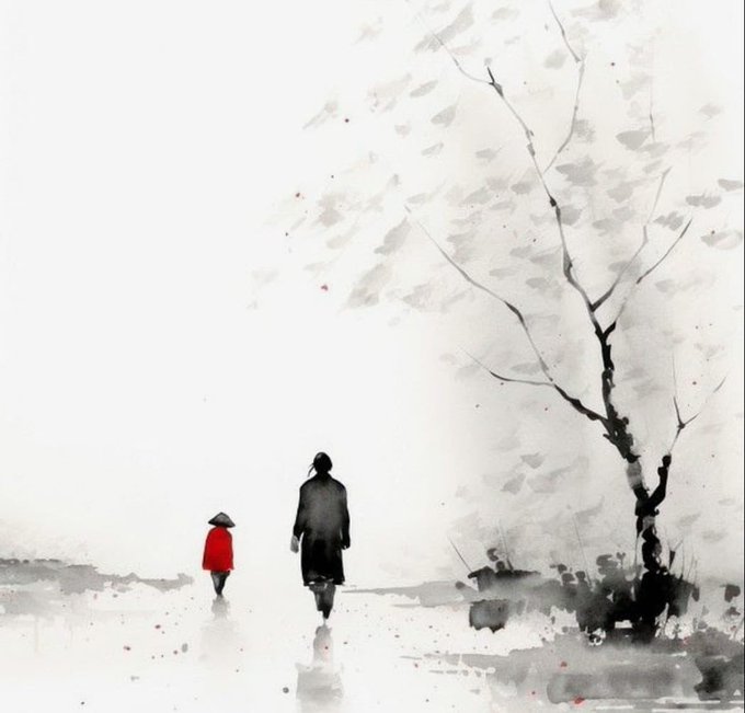 A minimalist ink-wash painting shows a solitary figure in dark clothing walking with a smaller companion in a red coat and conical hat along a misty path, accompanied by a slender tree with sparse gray leaves on the right. The accompanying text discusses the stalled CLARITY Act, where 49 senators voted to advance it, 50 opposed, with 60 votes needed, and Senator Thom Tillis voted against it procedurally to preserve the option for reconsideration—the lone, determined figure mirroring the bill's uncertain but still-viable forward path through the foggy landscape of legislative process.