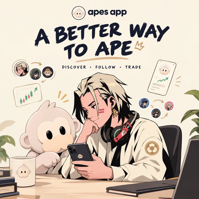 An anime-style promotional illustration for the 'apes app' with the text 'A BETTER WAY TO APE' and 'DISCOVER · FOLLOW · TRADE', featuring a character with headphones looking at a phone beside a monkey mascot.