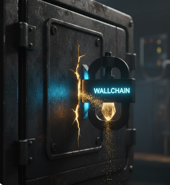 The image features a black metal box with a crack running down its center, surrounded by sparks flying out of it. The word "Wallchain" is prominently displayed above the crack. The background appears to be a dark room or warehouse setting. The caption reads, "It seems many are still focused on the wrong things with @wallchain. The persistent chatter about comebacks and the constant squaling over who is where on some list is exactly why most never see what's really moving".