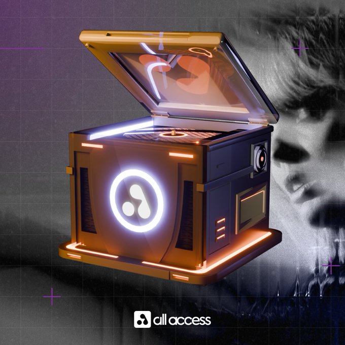 The image features a 3D rendering of a mysterious box with neon lights, possibly an electronic device or a gaming console. The box has a logo that reads "AllAccess". Below the box, there's a text that says "30 Spots Giveaway" and "Collect Items". This suggests that there is a contest for collecting items related to the box, and the winner will receive a limited edition item from the box.