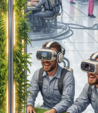 Two people wearing VR headsets and carrying backpacks, seated indoors with greenery and a glass-walled building in the background.