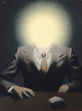 A surreal painting of a businessman in a gray suit sitting at a table with a slice of cake, but his head is replaced by a glowing yellow orb of light.