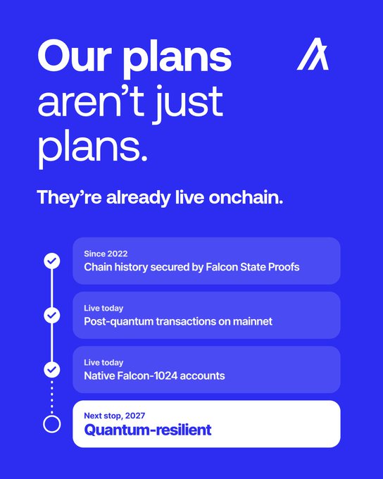 The image is a blue infographic from Algorand promoting its quantum-resilient roadmap, headlined "Our plans aren't just plans. They're already live onchain." It features a timeline listing achieved milestones including "Since 2022 – Chain history secured by Falcon State Proofs," "Live today – Post-quantum transactions on mainnet" and "Native Falcon-1024 accounts," with a final milestone targeting "Next step, 2027 – Quantum-resilient." This visually reinforces the post's message that Algorand is already delivering on quantum security while other L1 and L2 networks only have plans.