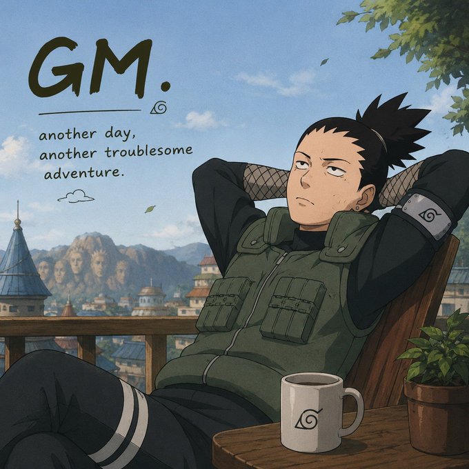 An anime-style illustration of the character Shikamaru Nara from Naruto sitting in a chair with his hands behind his head, with text reading 'GM. another day, another troublesome adventure.'