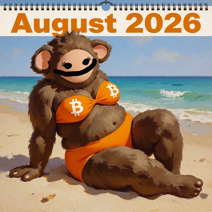 An August 2026 calendar cover featuring a painted, smiling brown monkey-like creature in a Bitcoin-themed orange bikini sitting on a beach.