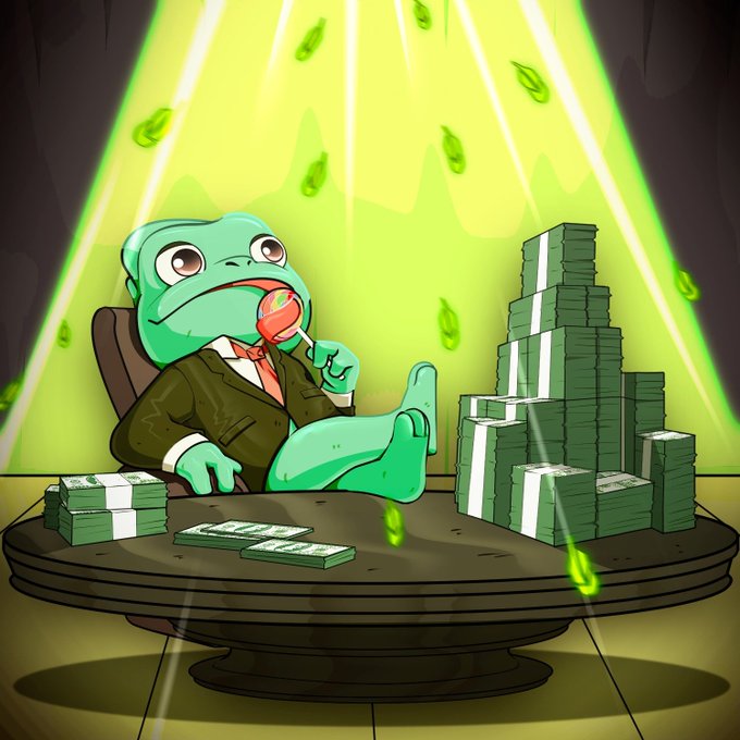 A Pepe frog in a suit lounges with feet up on a table, eating a popsicle while surrounded by massive stacks of cash with money falling from a green spotlight, evoking the triumphant "GM" (good morning) crypto vibe of flexing wealth.