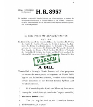 The first page of H.R. 8957, a 119th Congress bill titled 'A BILL' to establish a Strategic Bitcoin Reserve and other programs, marked with a green 'PASSED' stamp.