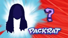 A stylized silhouette of a person with long dark hair is shown alongside a blue question mark and the word "PACKRAT" in bold red and blue lettering against a red and white starburst background, hinting at the new Chief Brand Officer announcement for the $PACKRAT trading card company.