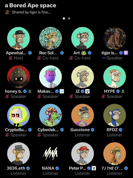 Screenshot of a Clubhouse room titled 'a Bored Ape space' featuring various NFT avatars as speakers and listeners, including Apewhale, Roc Solid, and CryptoBurger.