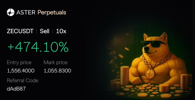 A cryptocurrency trading screenshot from ASTER Perpetuals displaying a ZECUSDT Sell 10x position showing +474.10% gain, entry price 1,556.4000 and mark price 1,055.8300, alongside a muscular Doge meme character wearing sunglasses and gold chains.